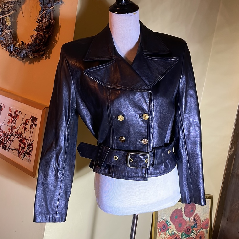 BAMBU SPT sz Small Soft Butter Leather Double Breasted Crop Gold Buttons Belted